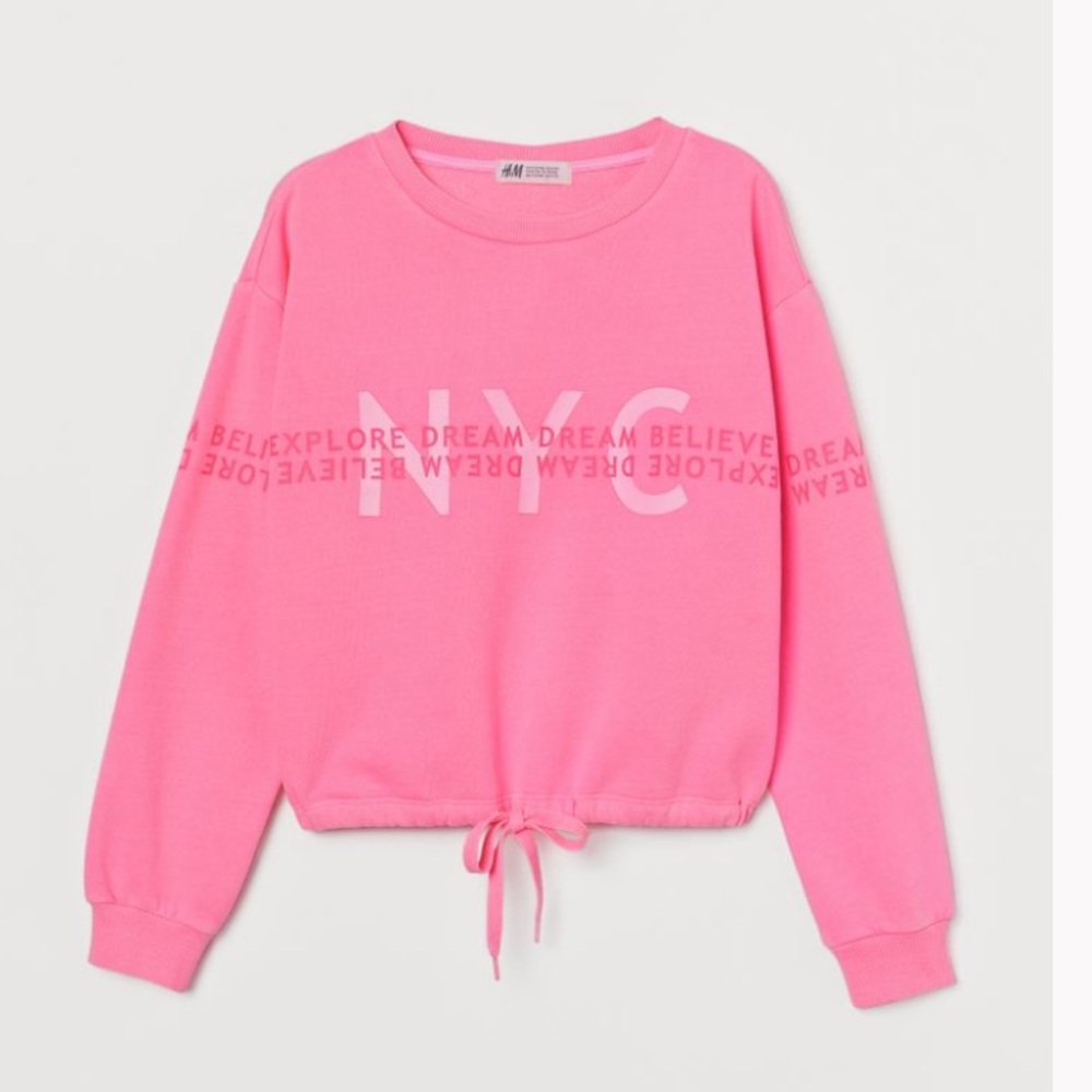 H&M Printed sweatshirt-Neon Pink-Semi Cropped-Soft brushed sweatshirt-Sz-12-14Y